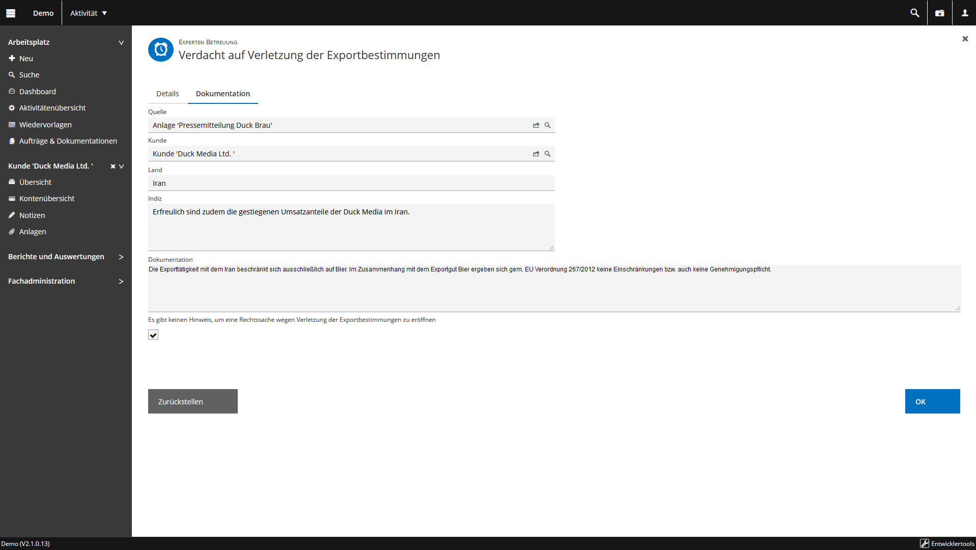 isfinancial Aktivitätenübersicht, Tab: Dokumentation